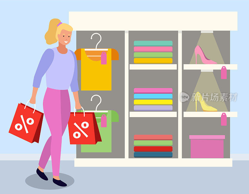 Lady with Purchase on Discounts at Boutique Vector